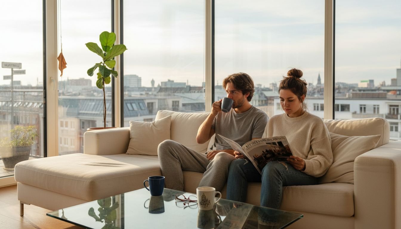 Ein Paar genießt entspannte Stunden in einem modernen Wohnzimmer mit großen Glasfronten.