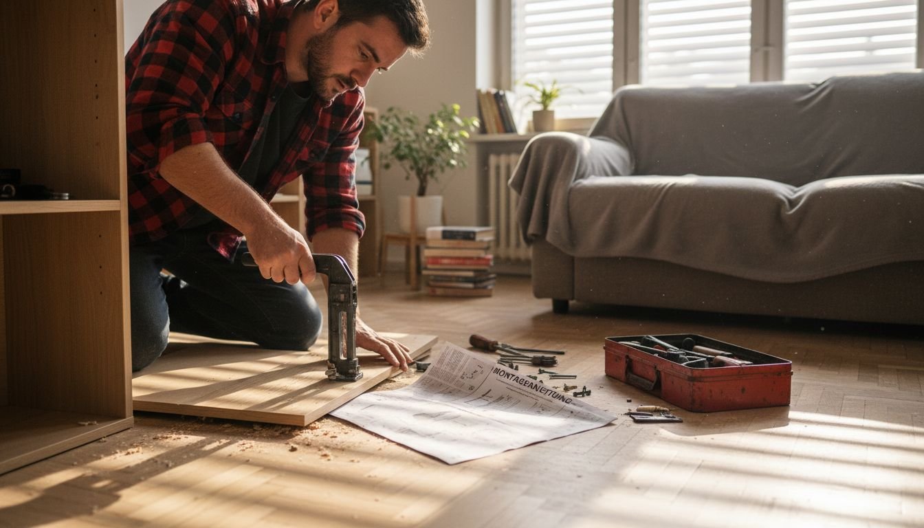 Ein Mann baut ein Bücherregal auf und nutzt dabei ein praktisches Hilfswerkzeug.