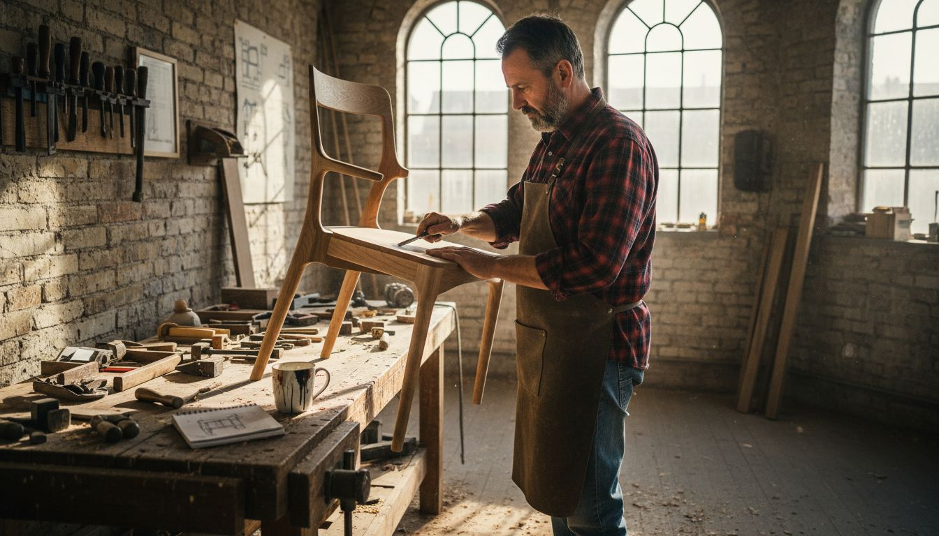 Ein Handwerker prüft sorgfältig die Verbindungen eines Designerstuhls.