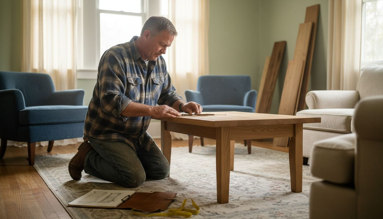 Ein Handwerker verleiht einem Holztisch in einem gemütlichen Raum den letzten Schliff.
