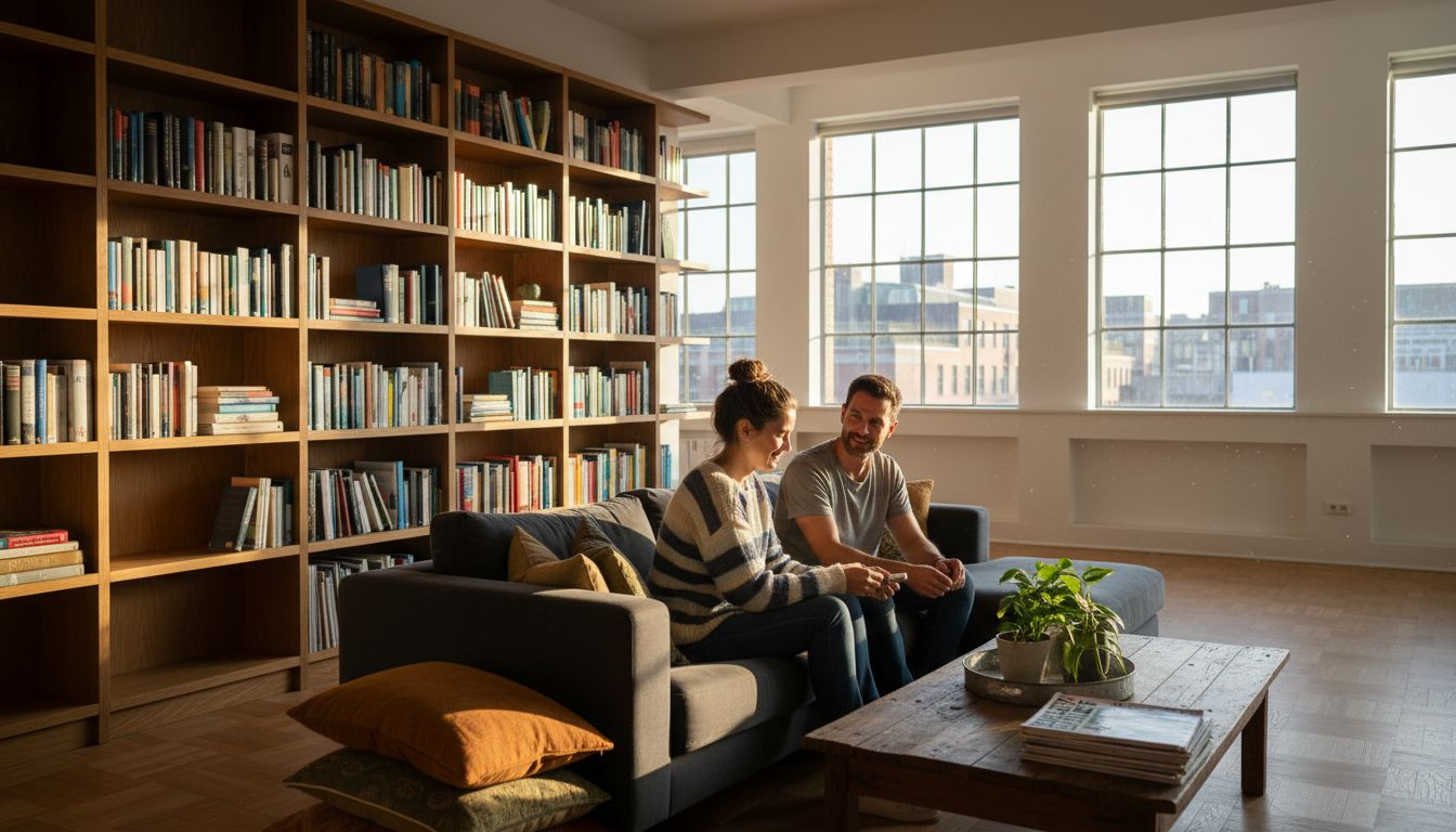 1771721034995_image-1 | Manufakturx.de 🛠️ Ein Paar sortiert gemeinsam Bücher und richtet seine maßgefertigten Regale im Loft ein.