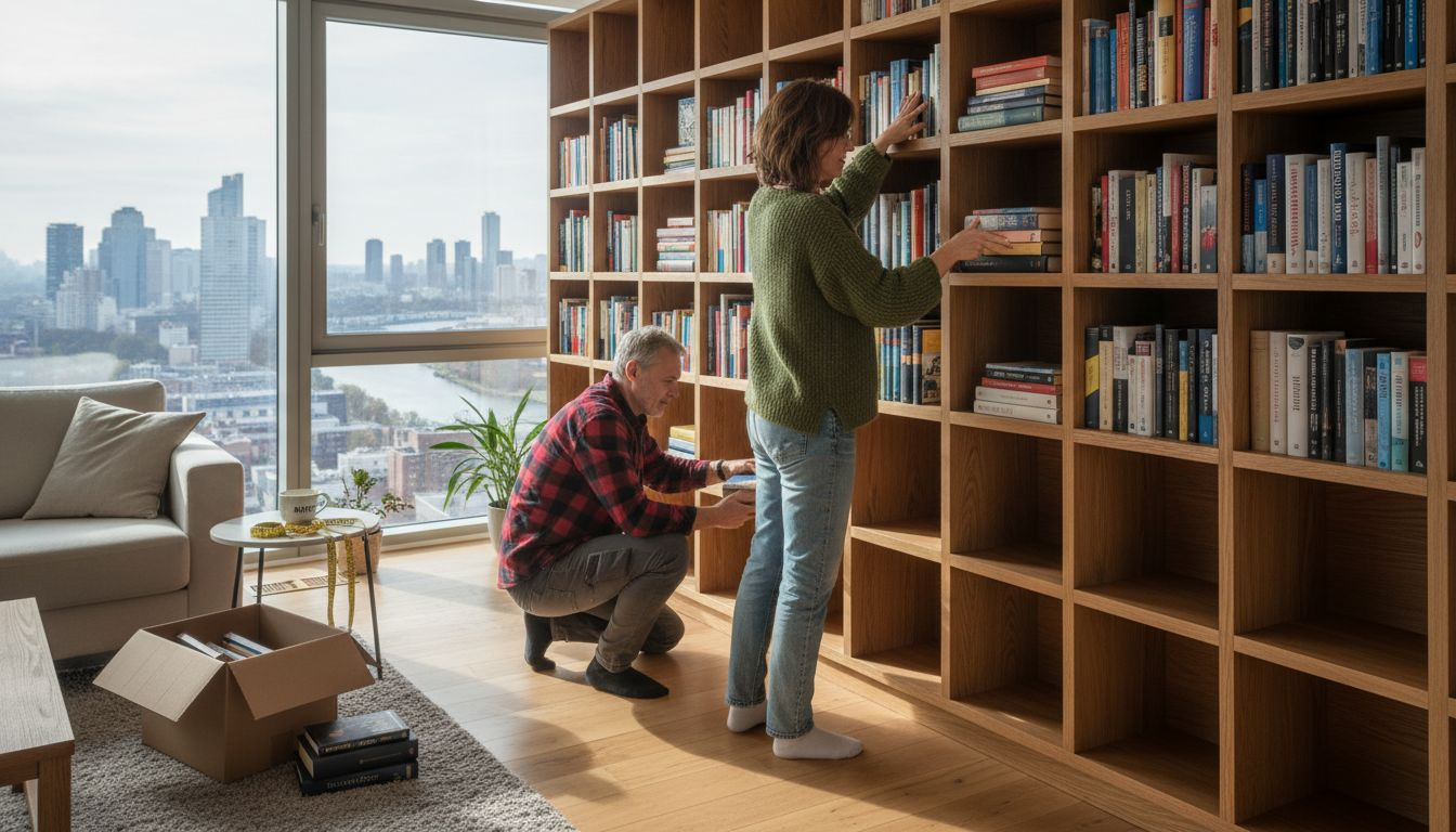 Ein Paar plant ein maßgefertigtes Bücherregal für seine Stadtwohnung.