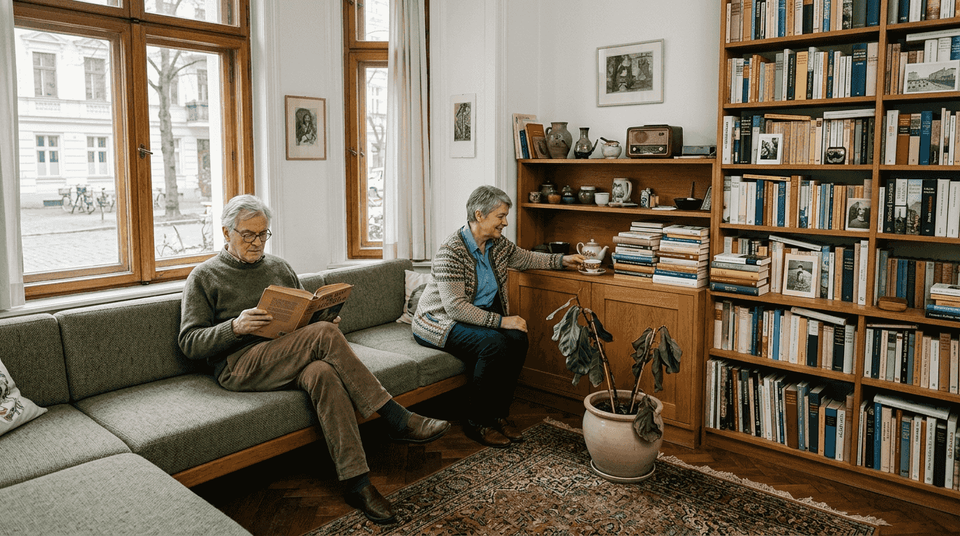 Ein stilvoll eingerichtetes Wohnzimmer mit individuell angefertigten Möbeln und einem glücklichen Paar, das gemeinsam Zeit verbringt.