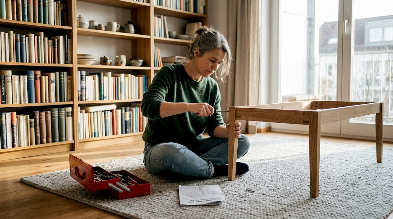 Im Wohnzimmer stellt eine Frau ihren neuen, zeitlosen Couchtisch zusammen.